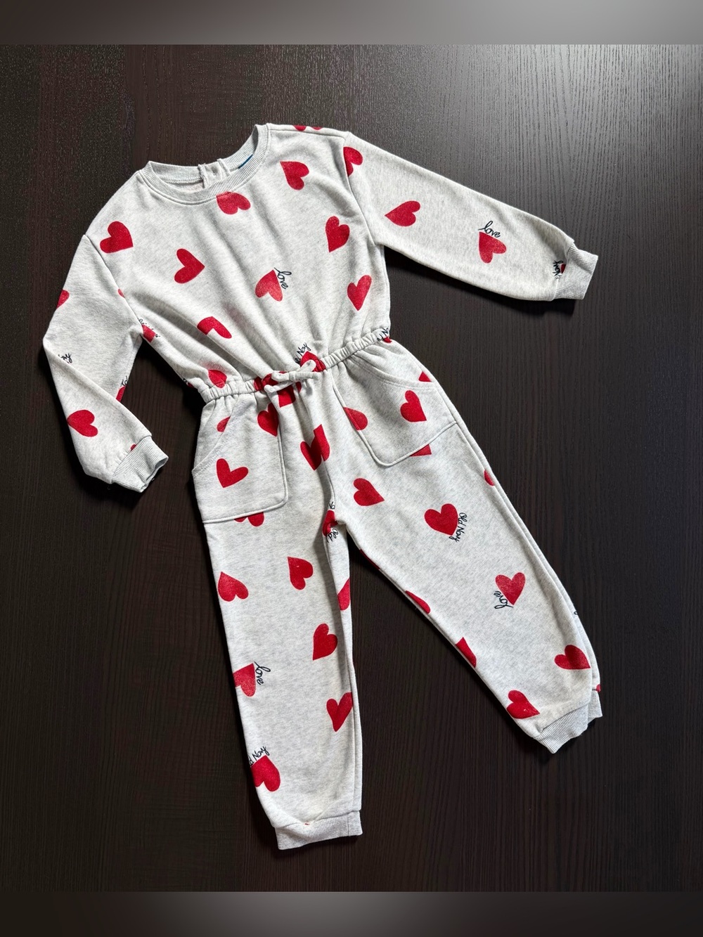 Grey Heart Print Jumpsuit with Red Hearts